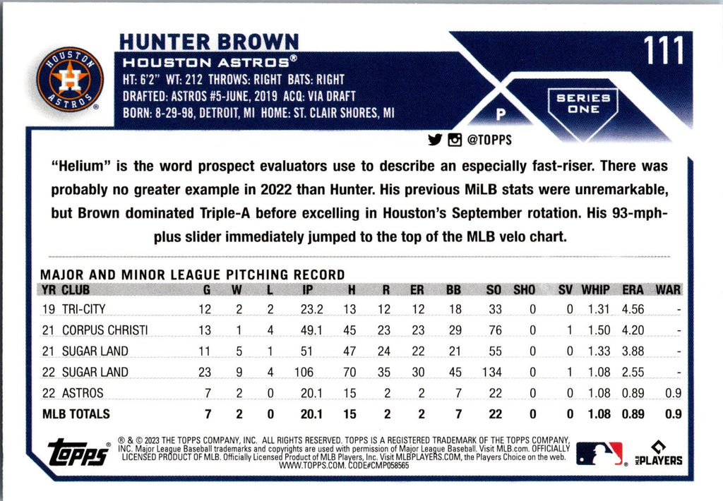 2023 Topps Houston Astros #HOU-9 Hunter Brown