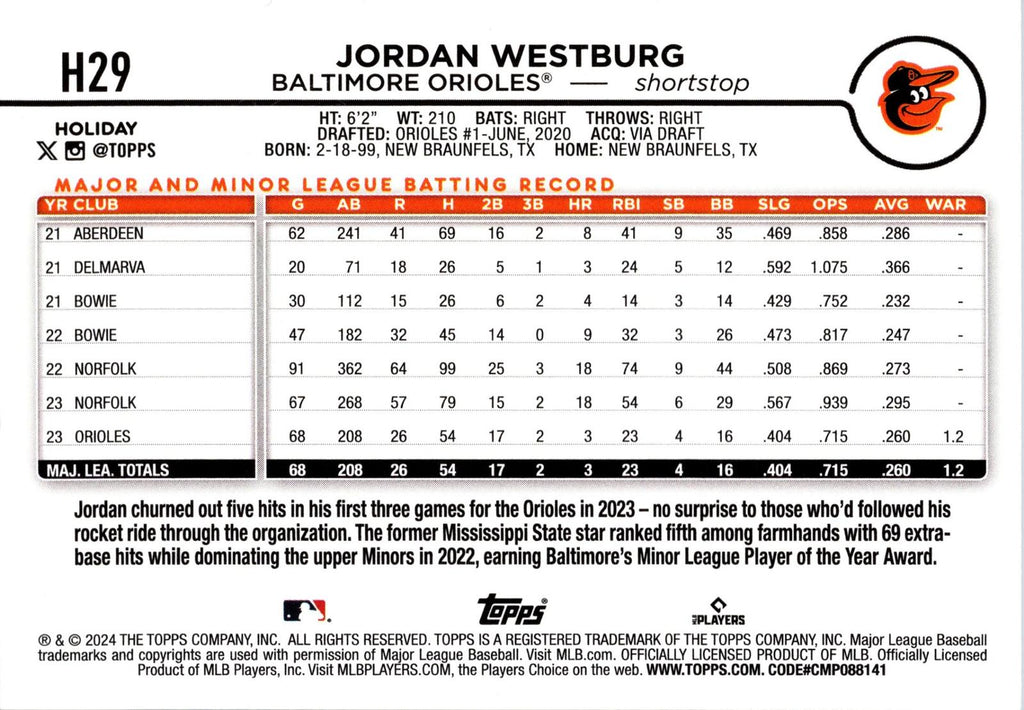 2024 Topps Holiday #H29 Jordan Westburg
