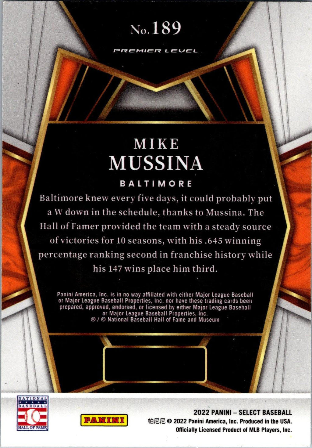 2022 Panini Select #189 Mike Mussina