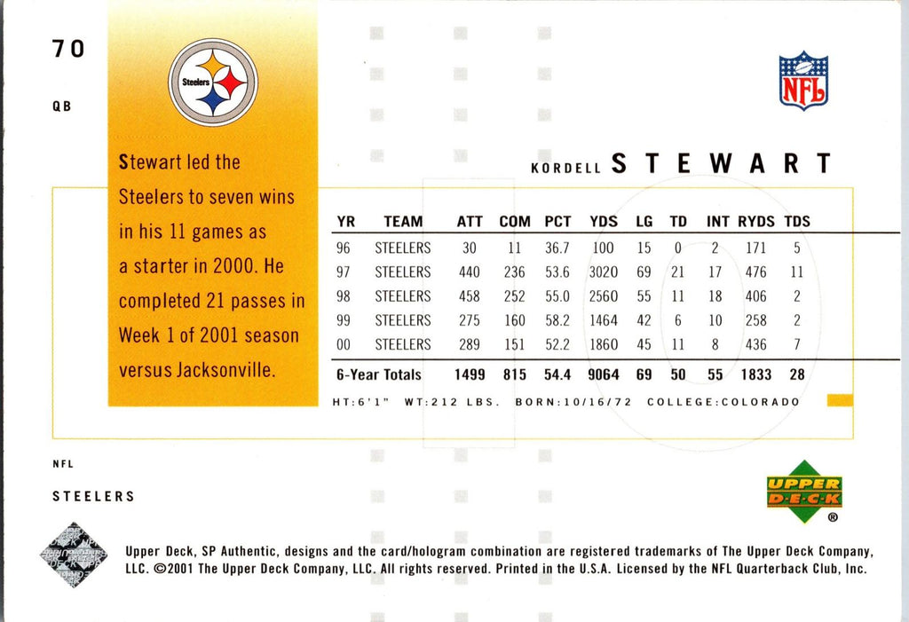 2001 SP Authentic #70 Kordell Stewart