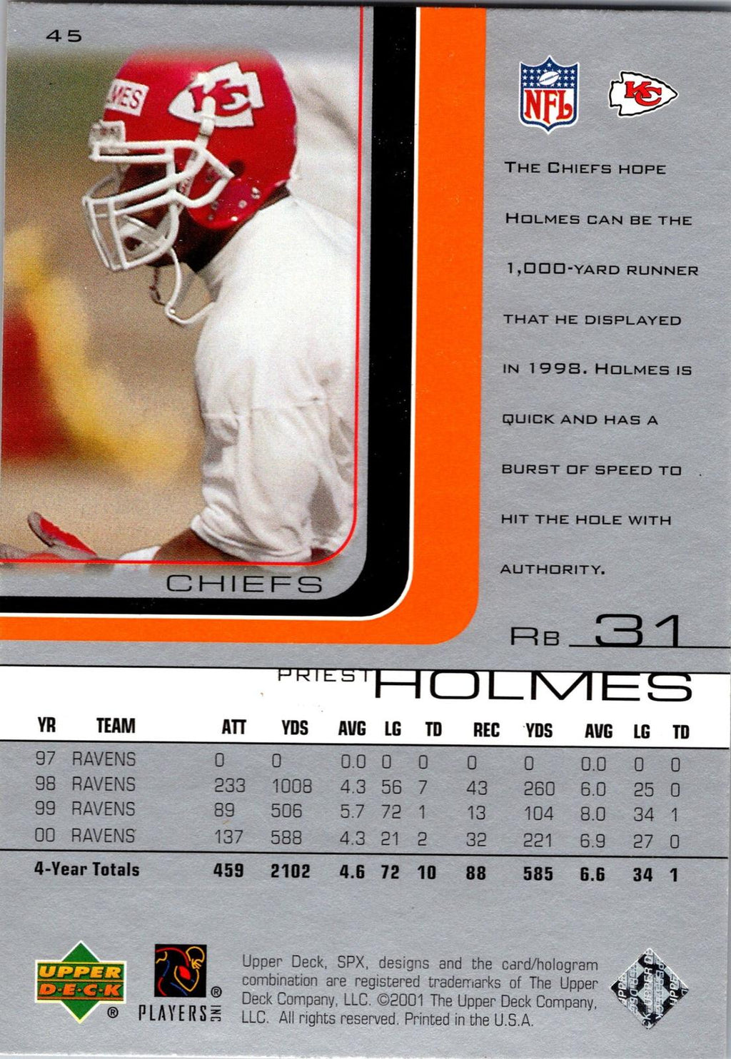 2001 SPx #45 Priest Holmes