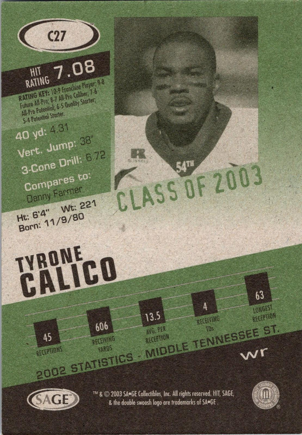 2003 SAGE HIT #C27 Tyrone Calico Class of 2003 Emerald