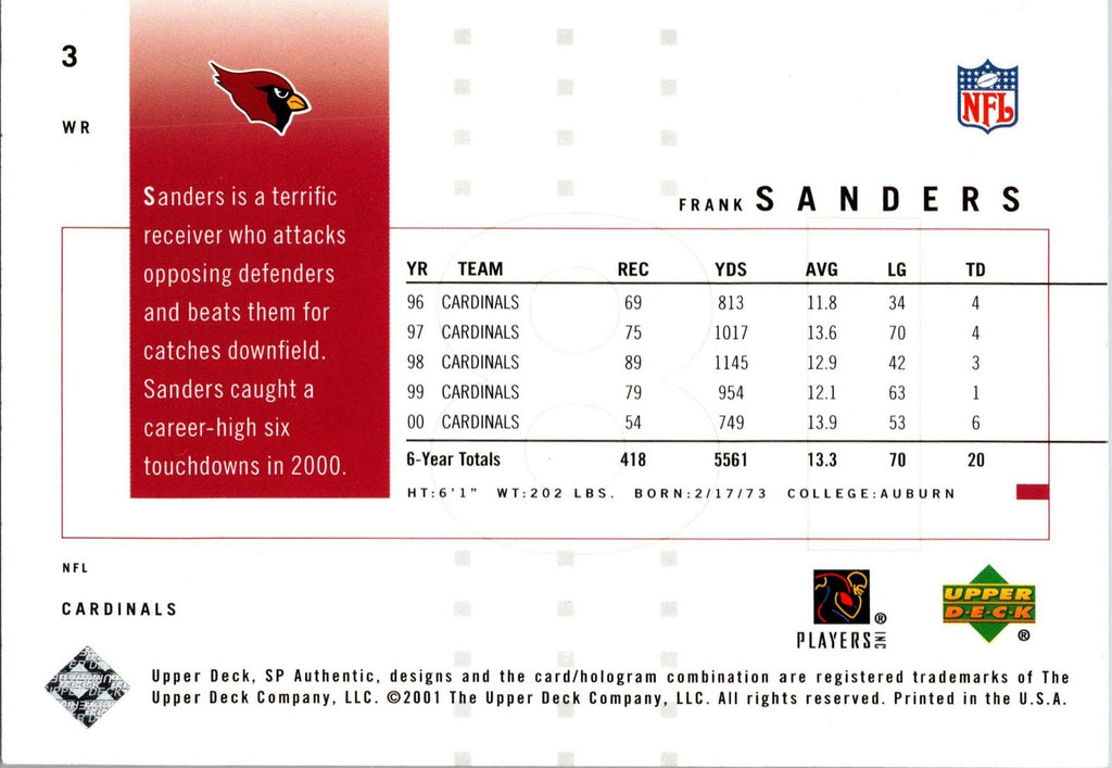 2001 SP Authentic #3 Frank Sanders