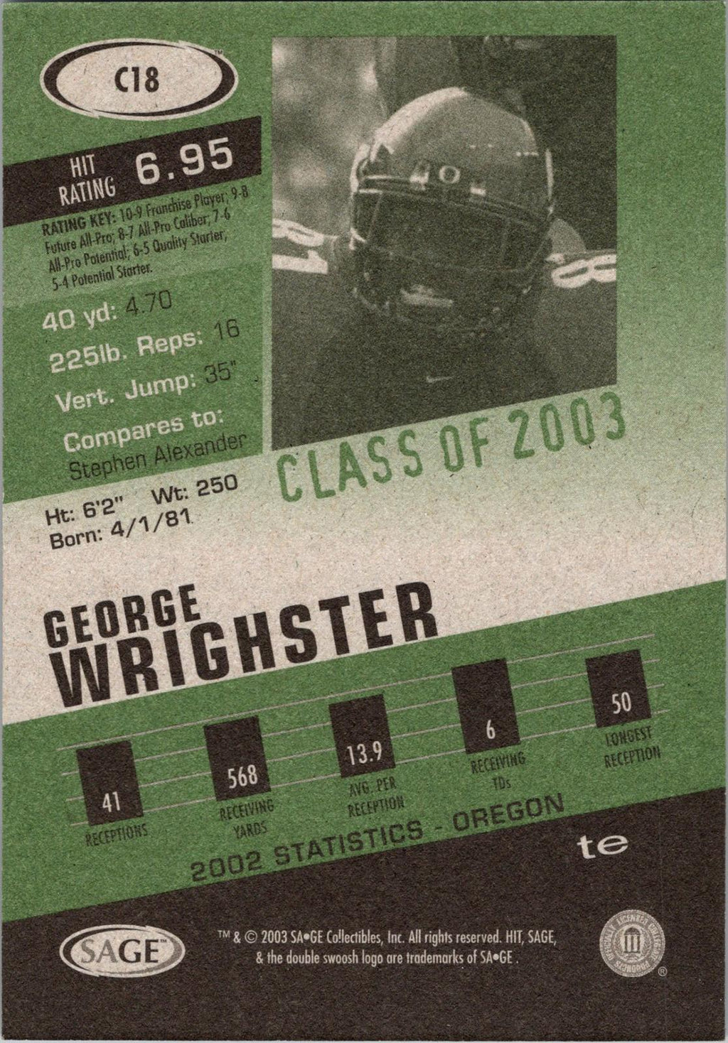 2003 SAGE HIT #C18 George Wrighster Class of 2003 Emerald