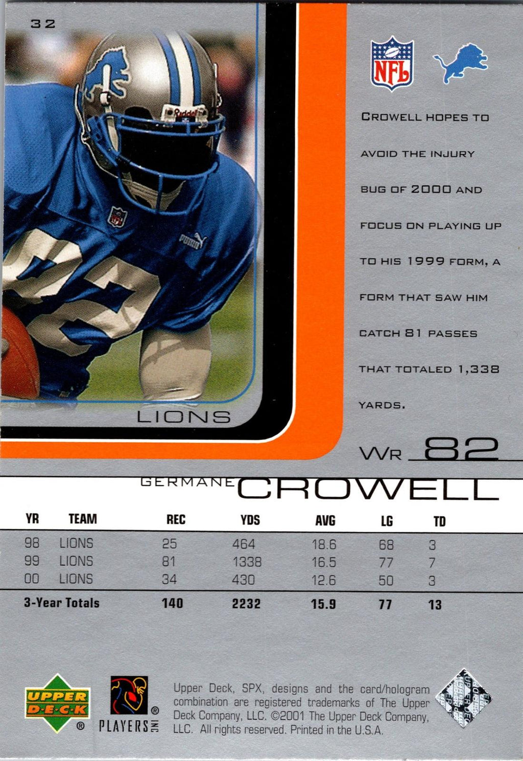 2001 SPx #32 Germane Crowell