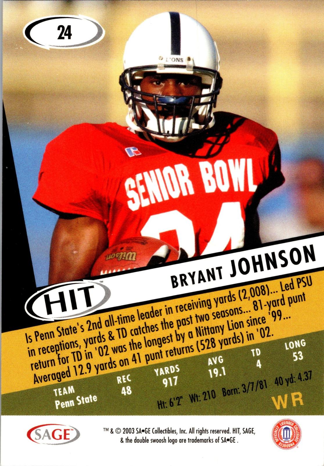 2003 SAGE HIT #24 Bryant Johnson