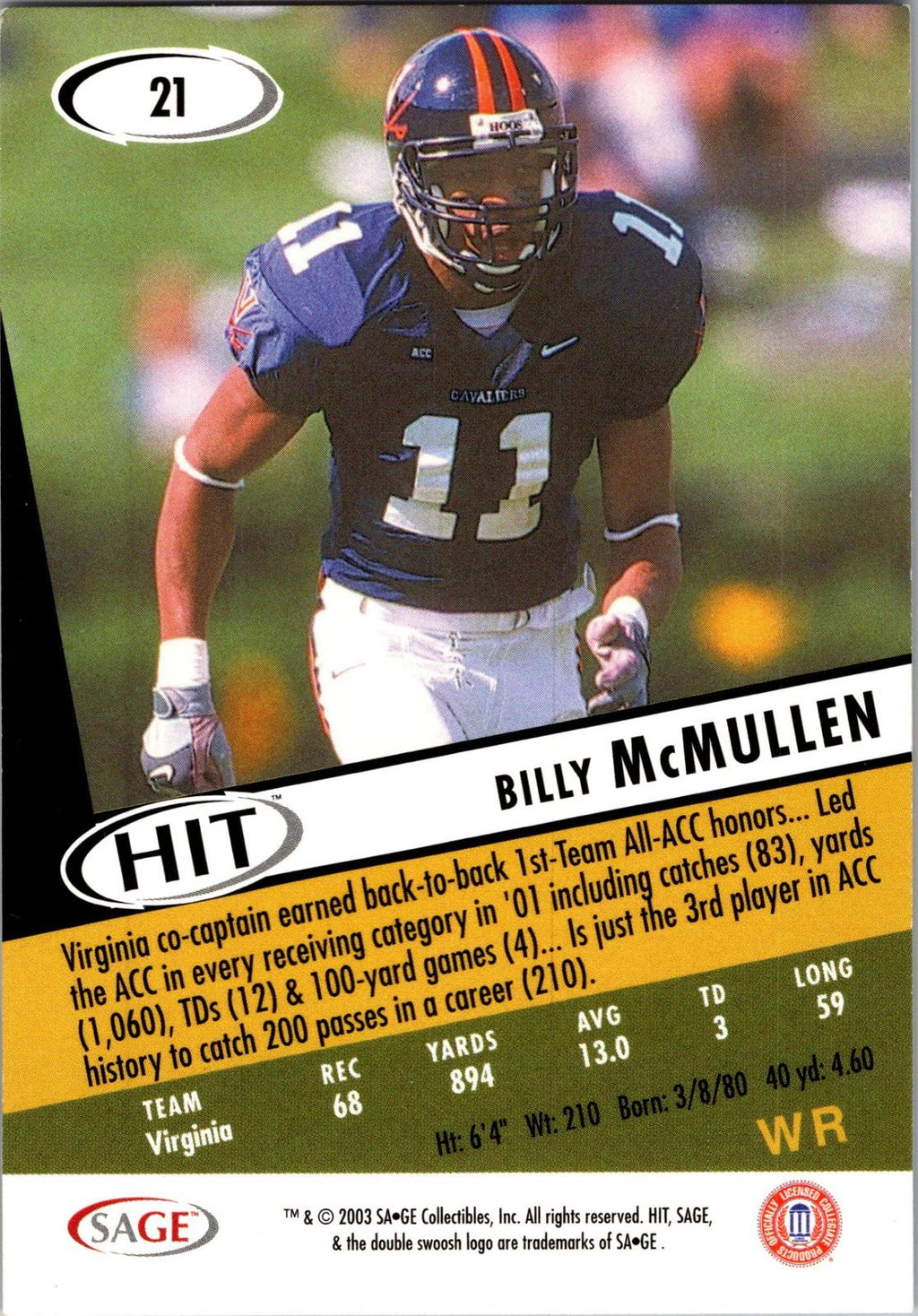 2003 SAGE HIT #21 Billy McMullen
