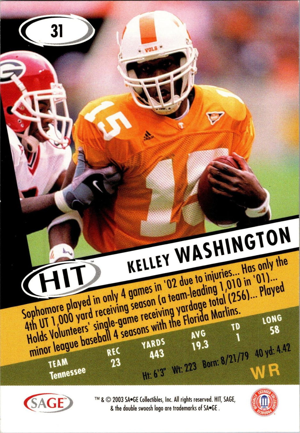 2003 SAGE HIT #31 Kelley Washington