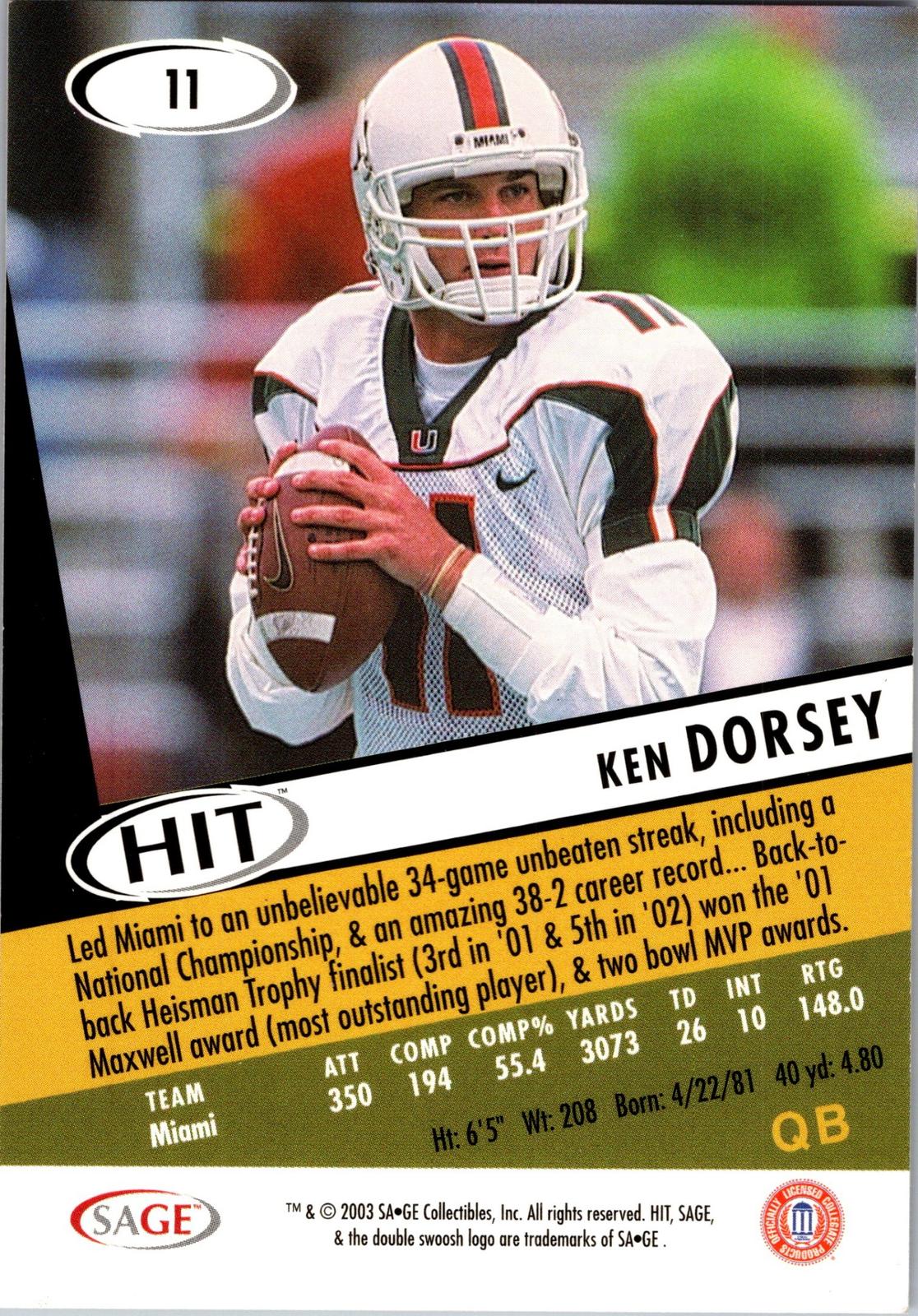 2003 SAGE HIT #11 Ken Dorsey