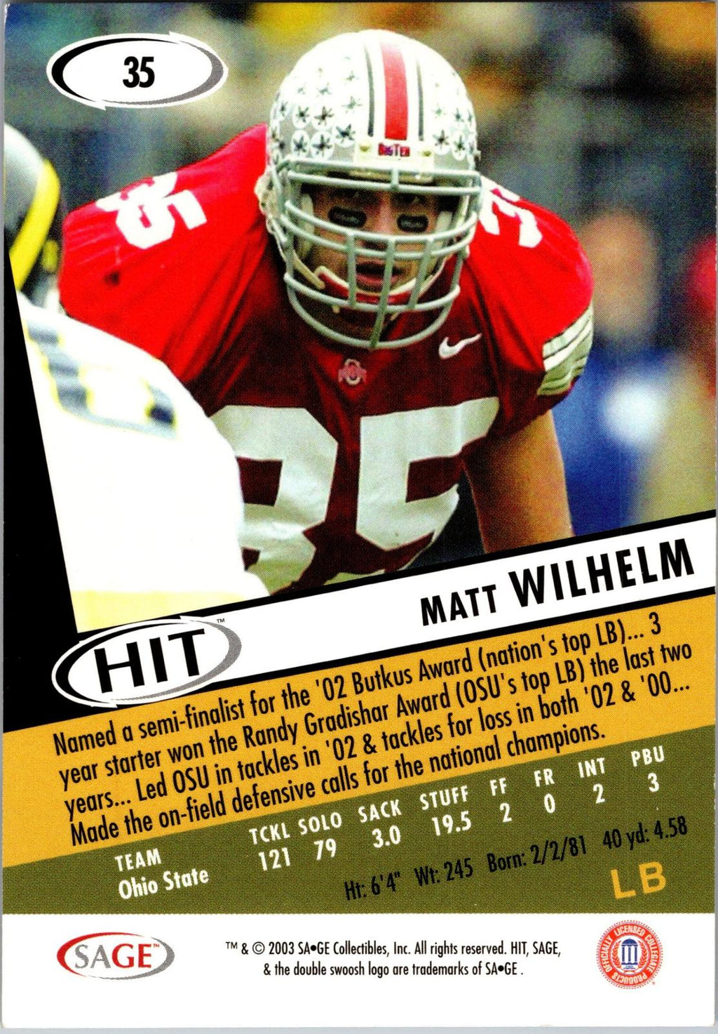 2003 SAGE HIT #35 Matt Wilhelm