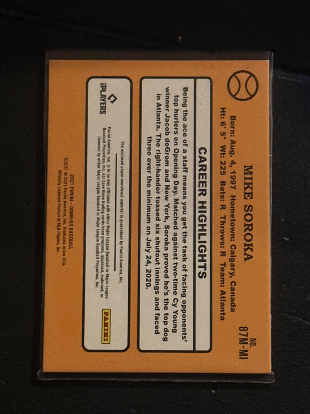 2021 Donruss #87M-MI Mike Soroka Retro 1987 Materials