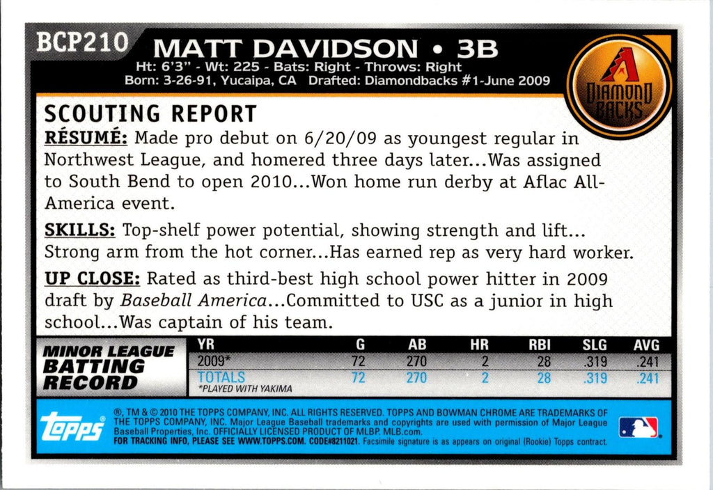 2010 Bowman Chrome #BCP210 Matt Davidson Prospects