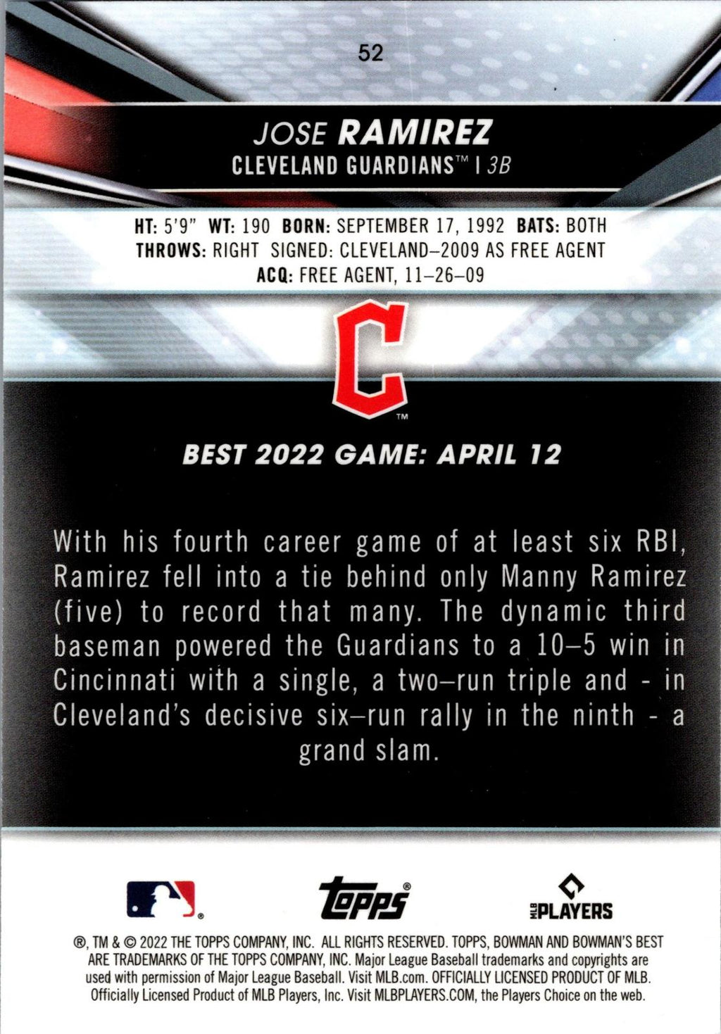 2022 Bowman's Best #52 Jose Ramirez