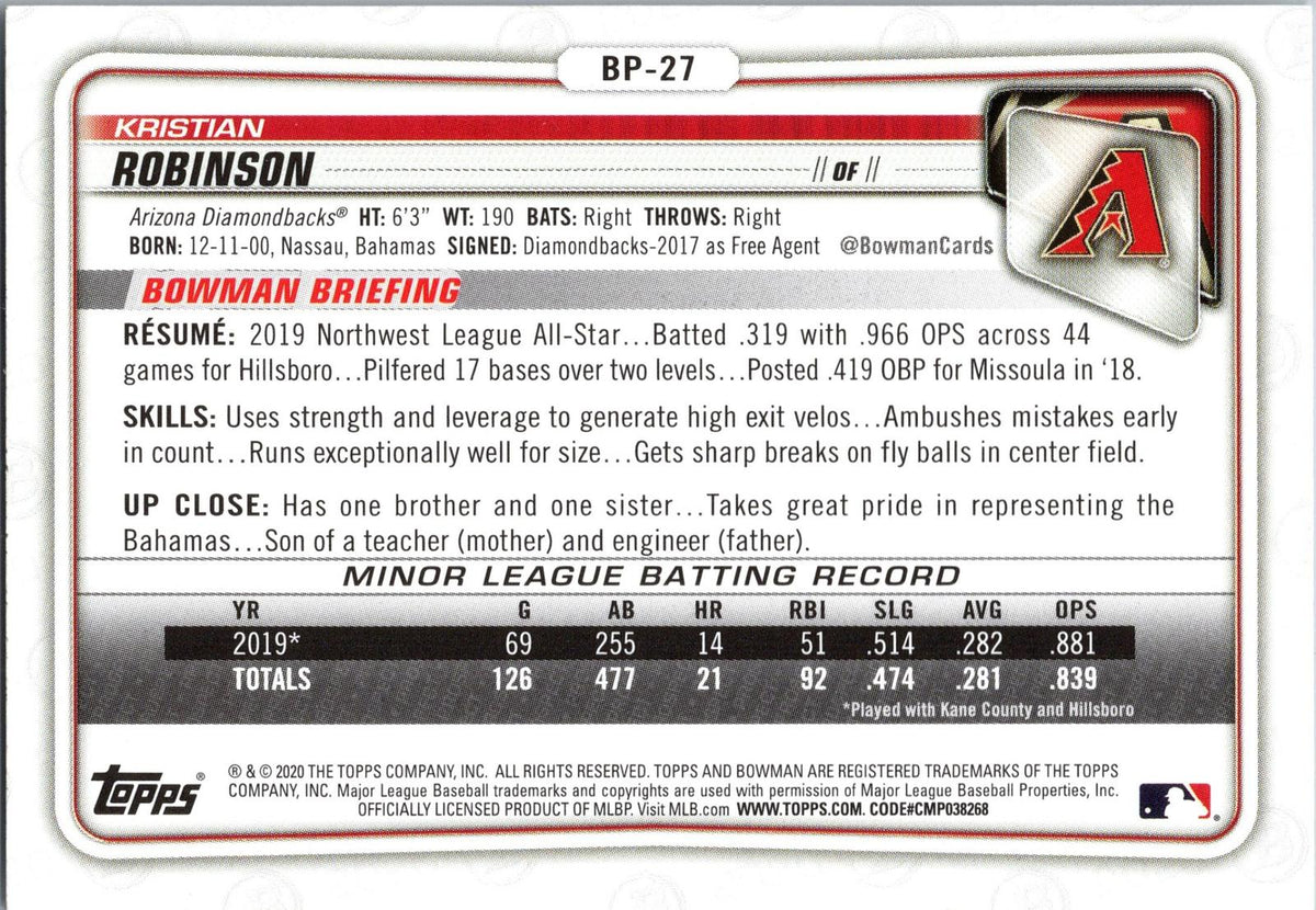 2020 Bowman #BP-27 Kristian Robinson Prospects