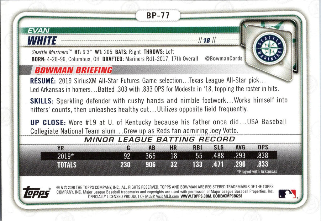 2020 Bowman #BP-77 Evan White Prospects
