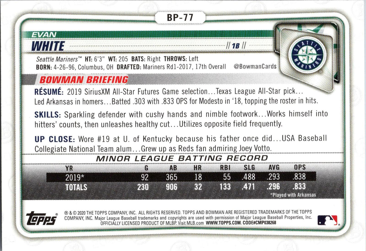 2020 Bowman #BP-77 Evan White Prospects