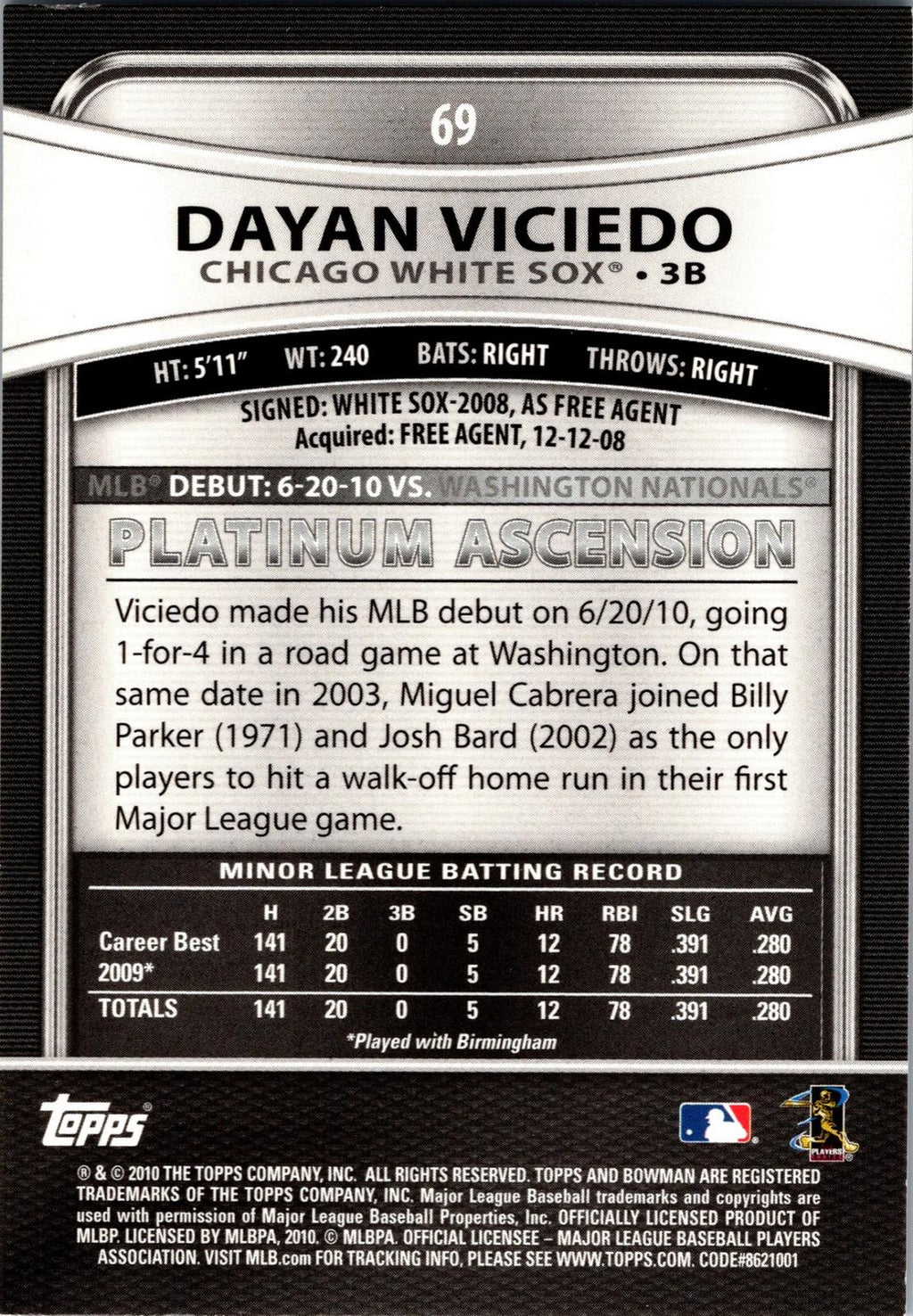 2010 Bowman Platinum #69 Dayan Viciedo