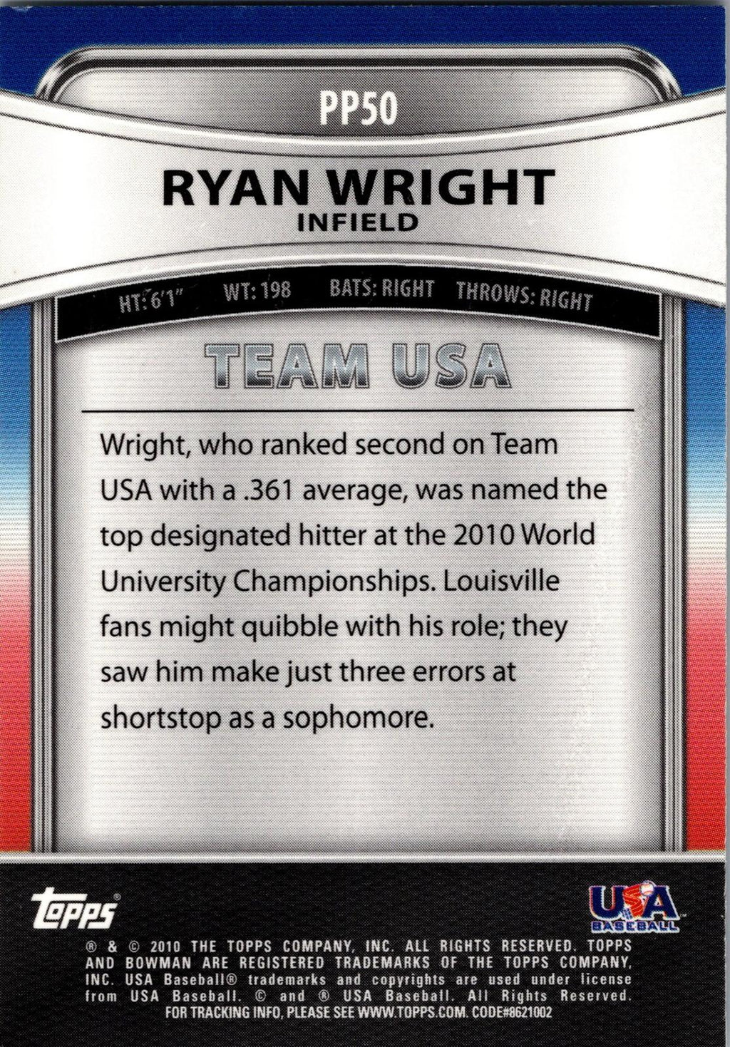 2010 Bowman Platinum #PP50 Ryan Wright Prospects