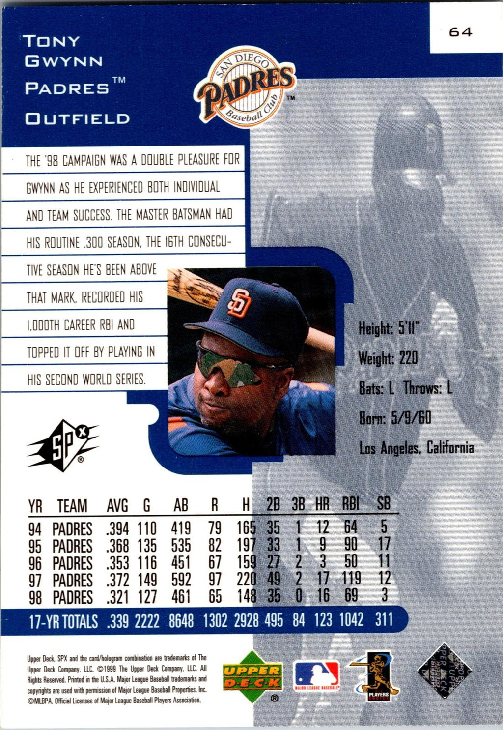 1999 SPx #64 Tony Gwynn