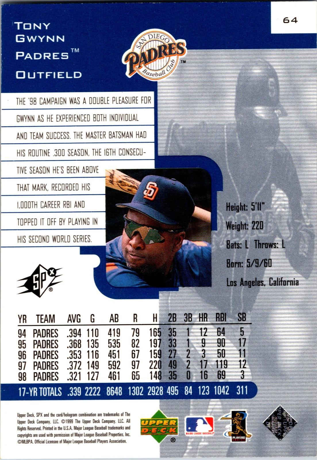 1999 SPx #64 Tony Gwynn