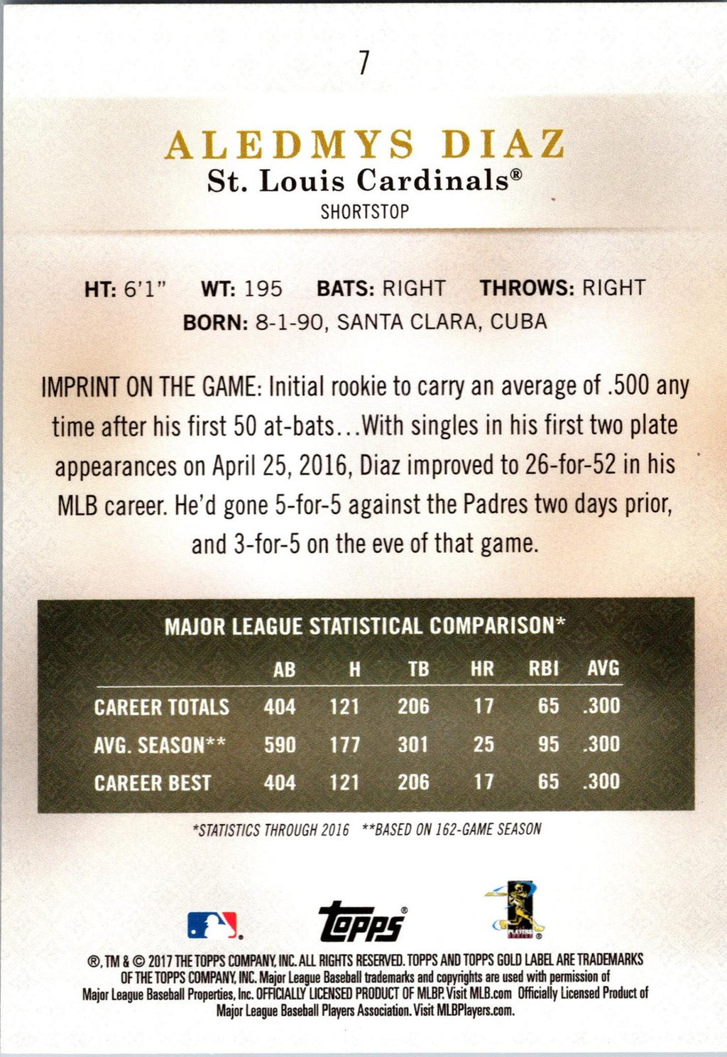 2017 Topps Gold Label #7 Aledmys Diaz Class 3