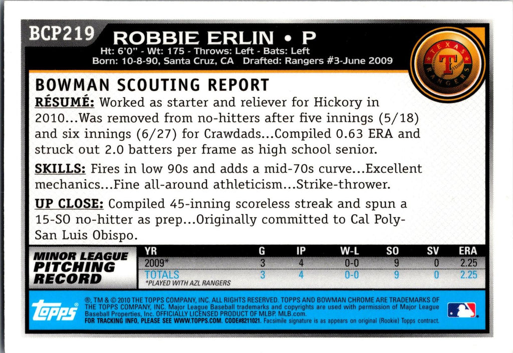 2010 Bowman Chrome #BCP219 Robbie Erlin Prospects