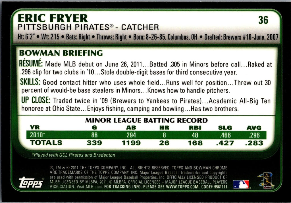 2011 Bowman Draft Picks & Prospects #36 Eric Fryer Chrome