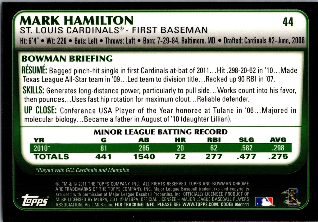 2011 Bowman Draft Picks & Prospects #44 Mark Hamilton Chrome