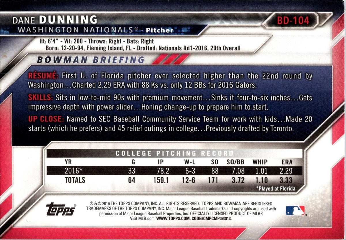 2016 Bowman Draft #BD-104 Dane Dunning