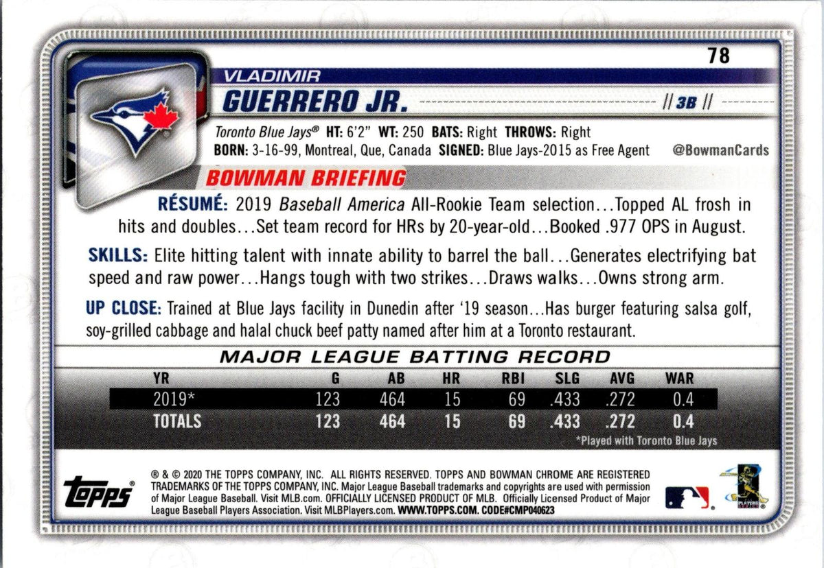 2020 Bowman Chrome #78 Vladimir Guerrero Jr.