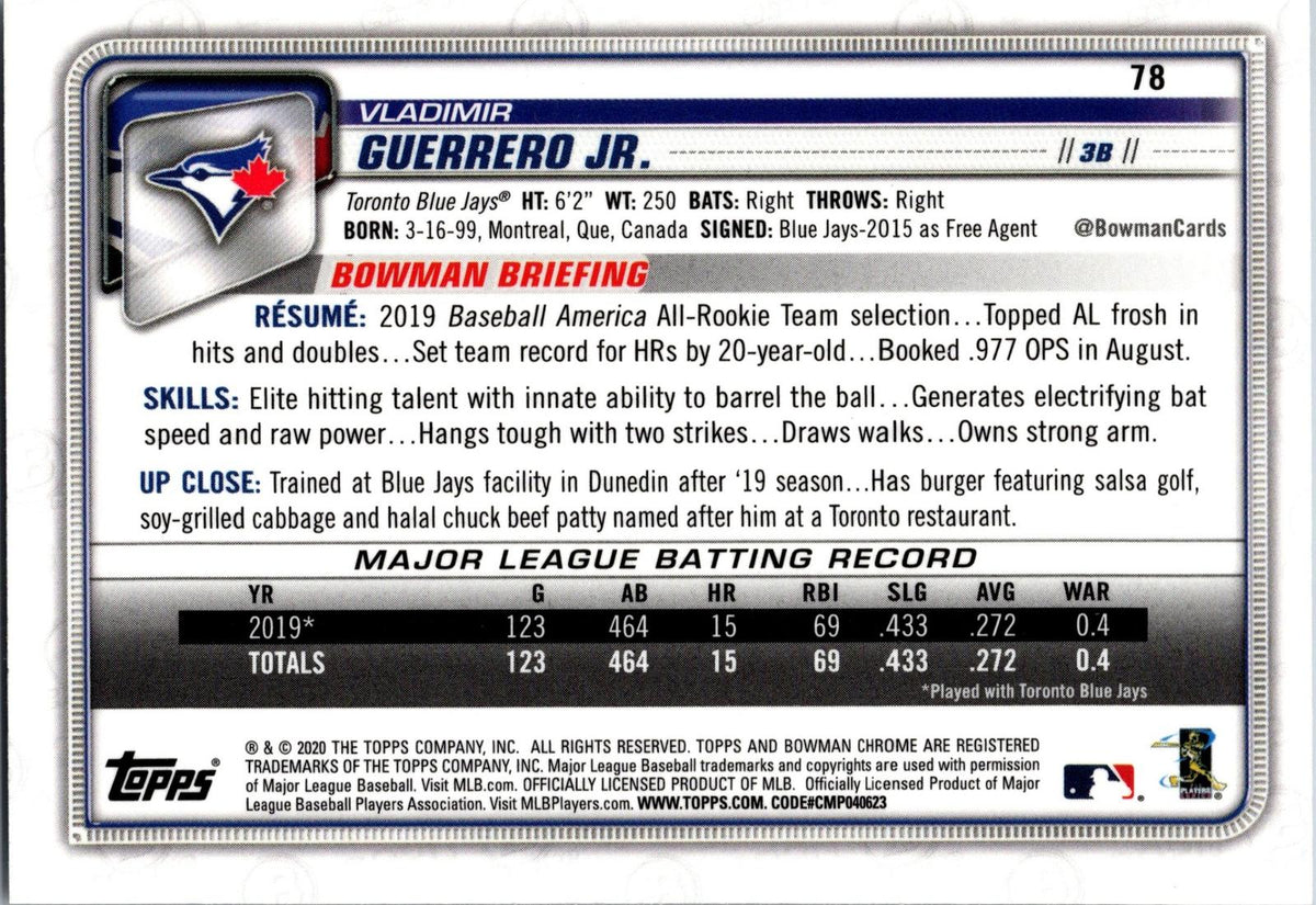 2020 Bowman Chrome #78 Vladimir Guerrero Jr.