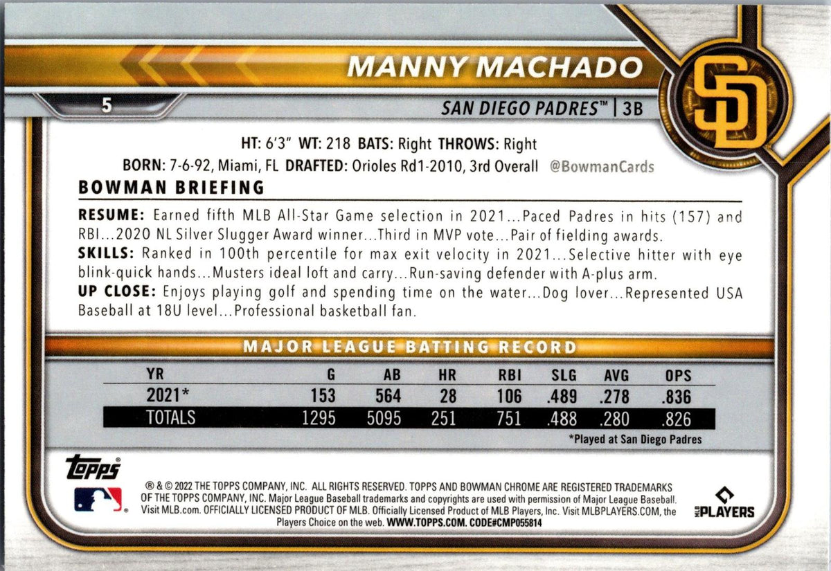 2022 Bowman Chrome #5 Manny Machado