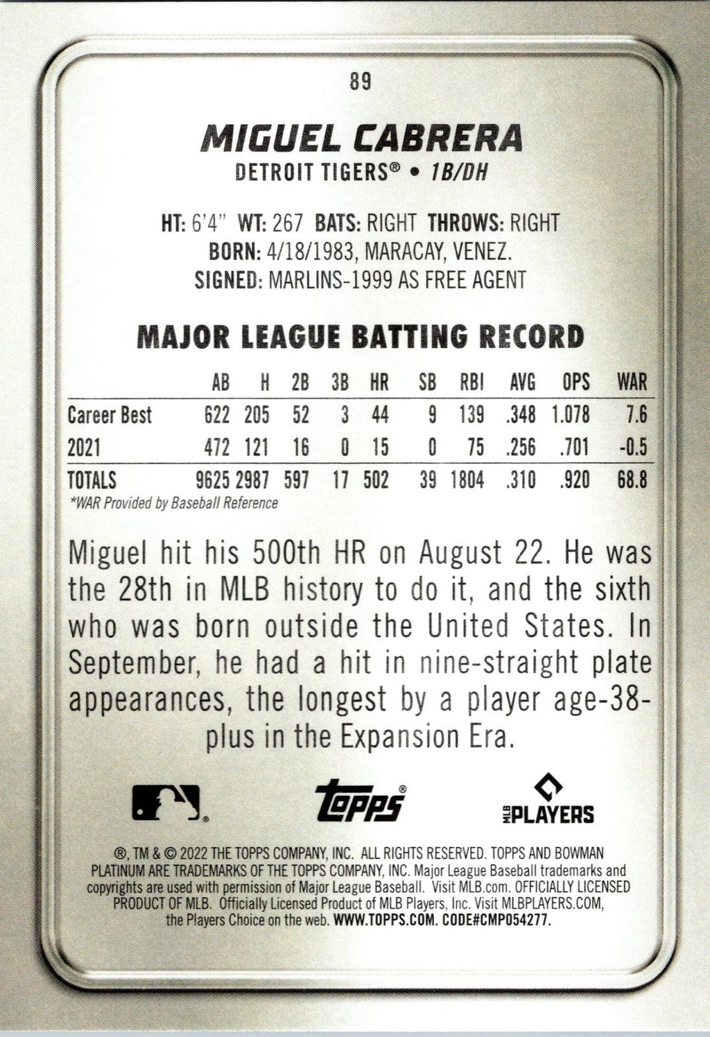 2022 Bowman Platinum #89 Miguel Cabrera