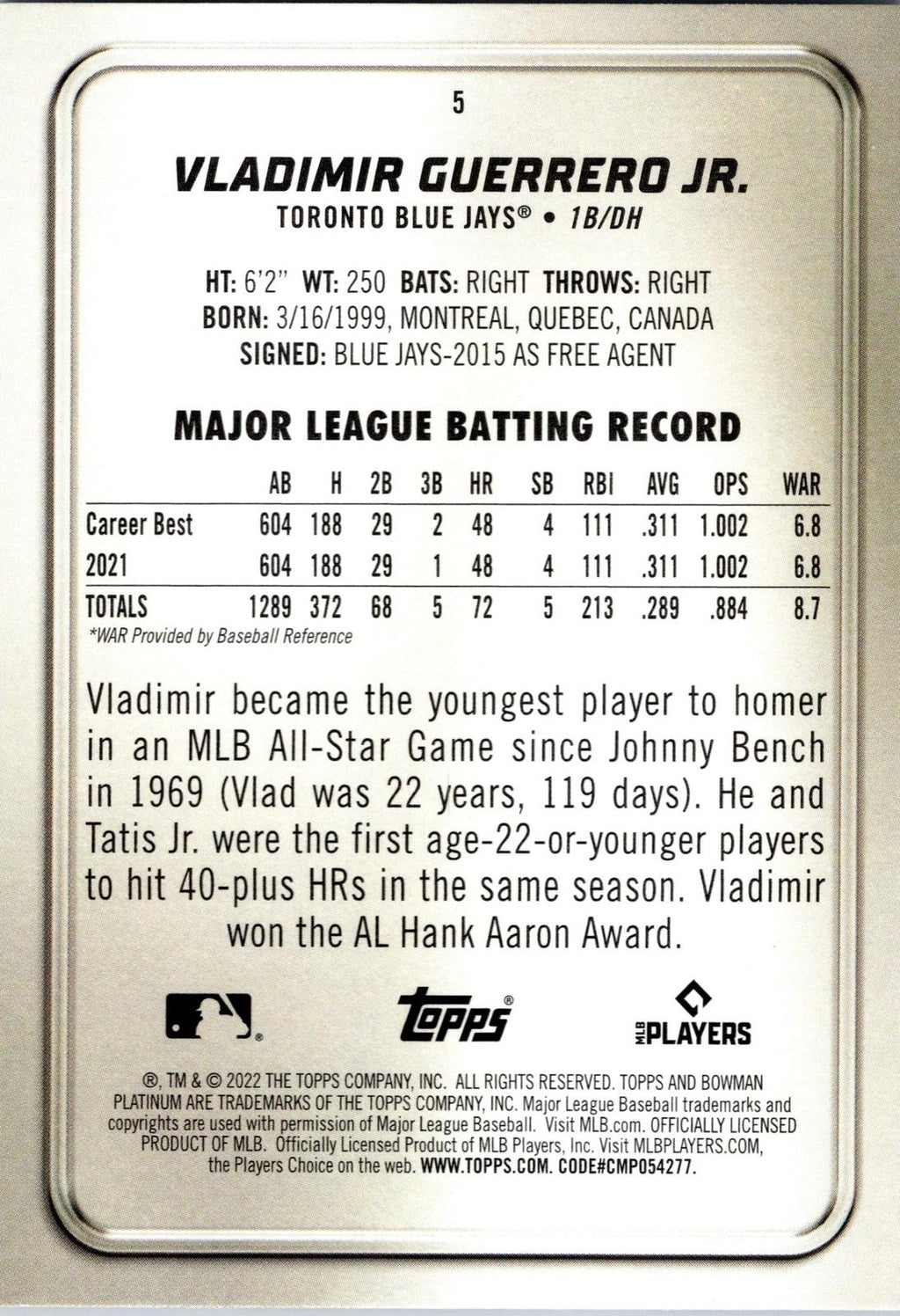 2022 Bowman Platinum #5 Vladimir Guerrero Jr.