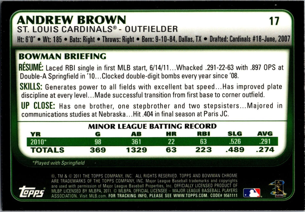 2011 Bowman Draft Picks & Prospects #17 Andrew Brown Chrome