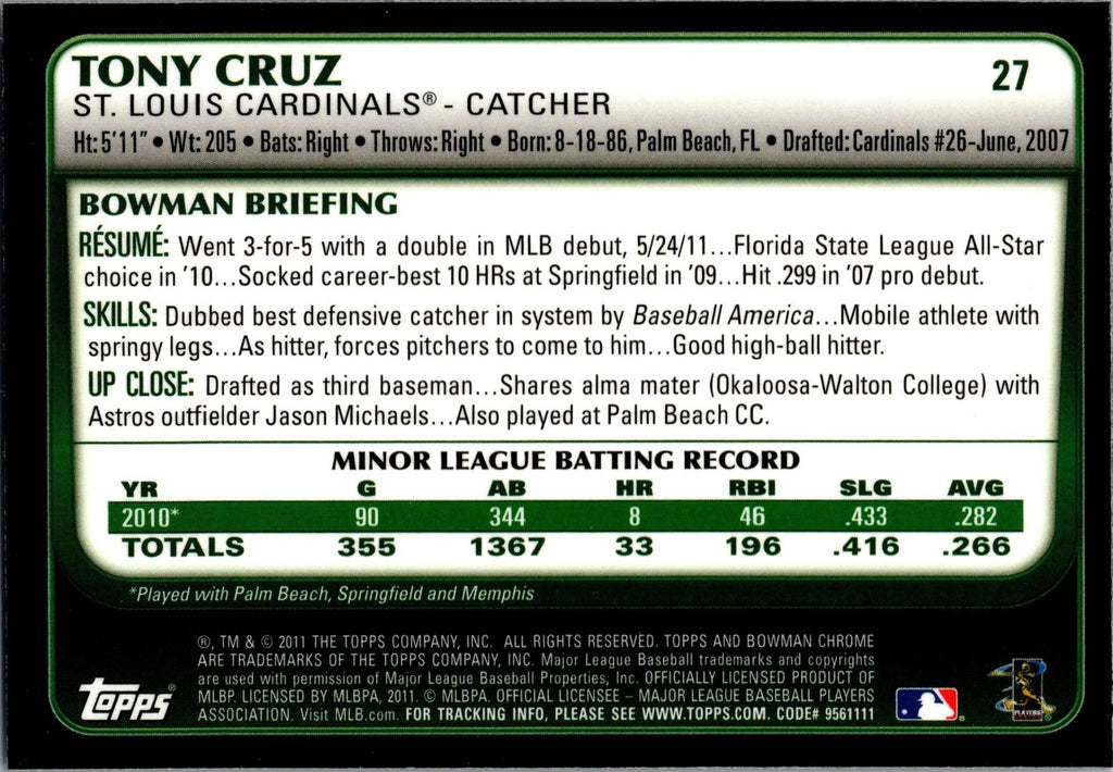 2011 Bowman Draft Picks & Prospects #27 Tony Cruz Chrome