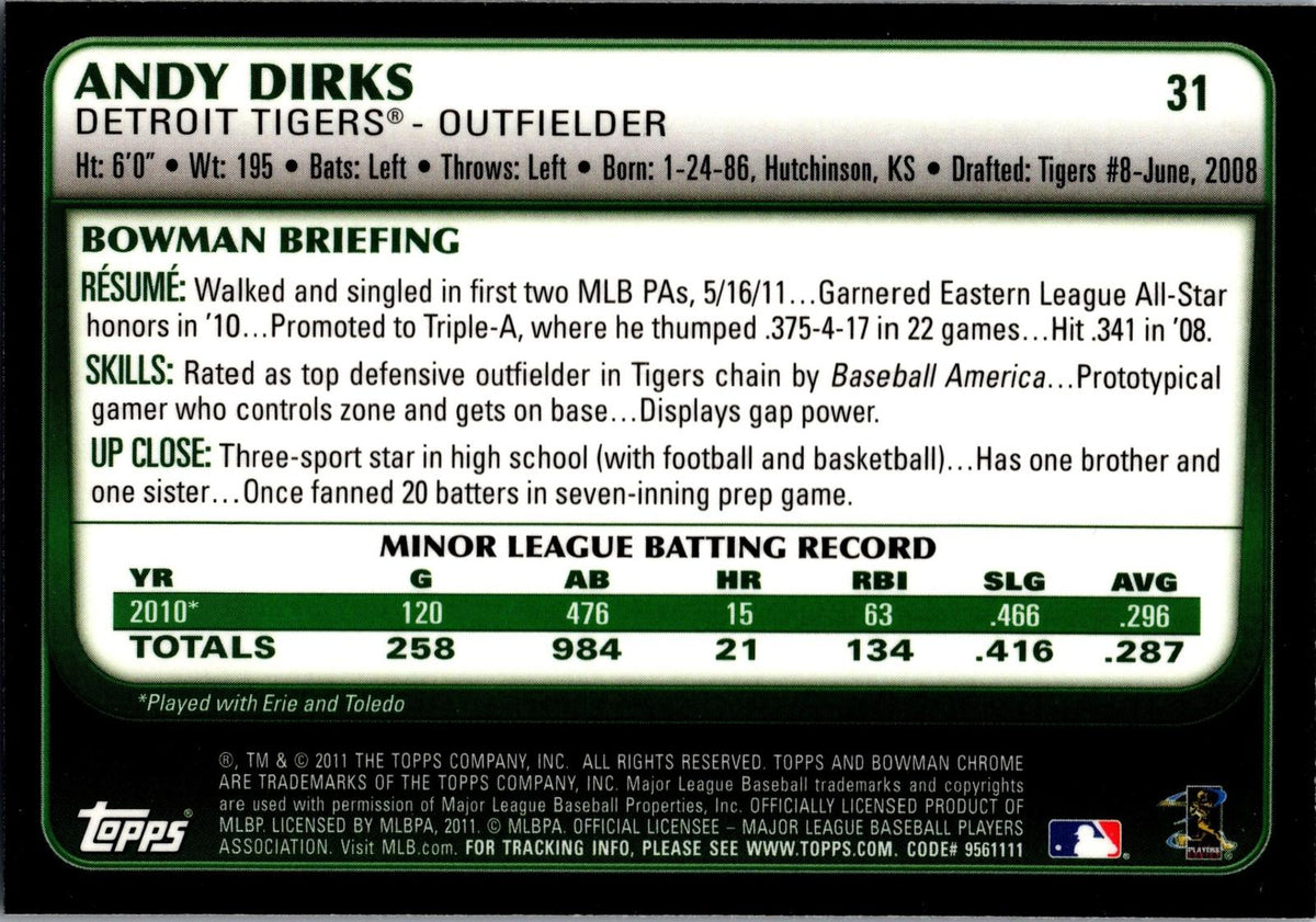 2011 Bowman Draft Picks & Prospects #31 Andy Dirks