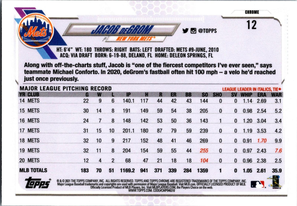 2021 Topps Chrome #12 Jacob deGrom