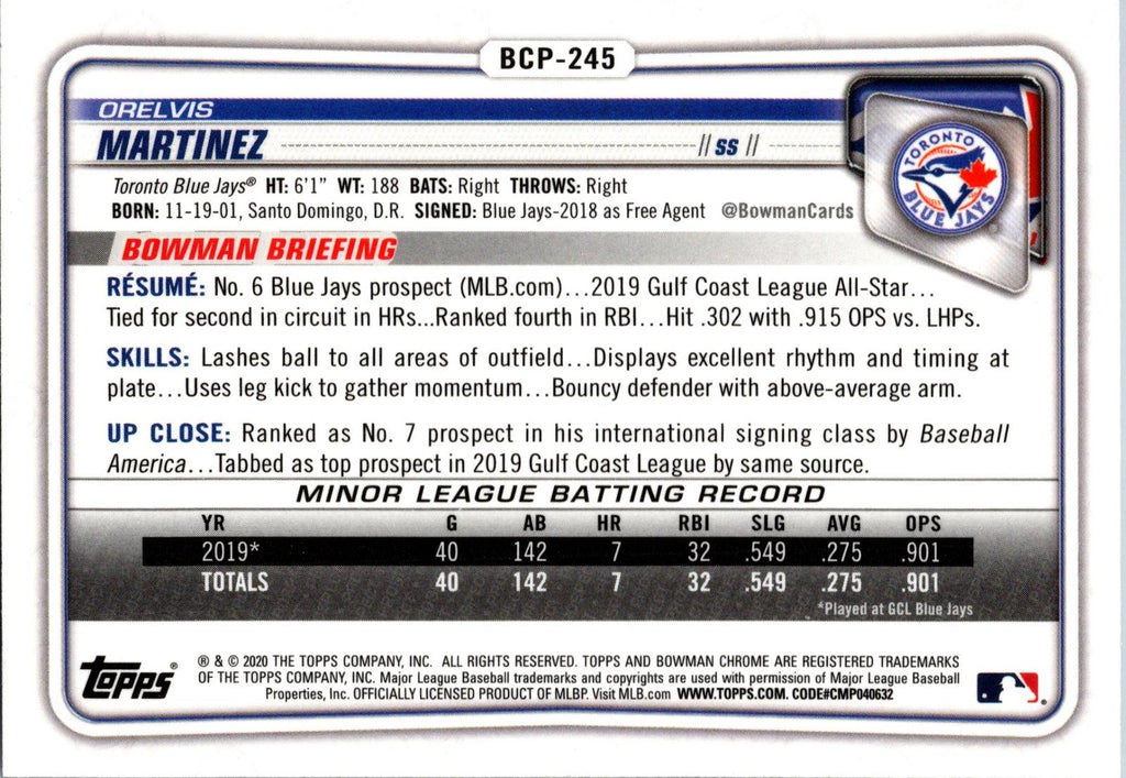 2020 Bowman Chrome #BCP-245 Orelvis Martinez Prospects