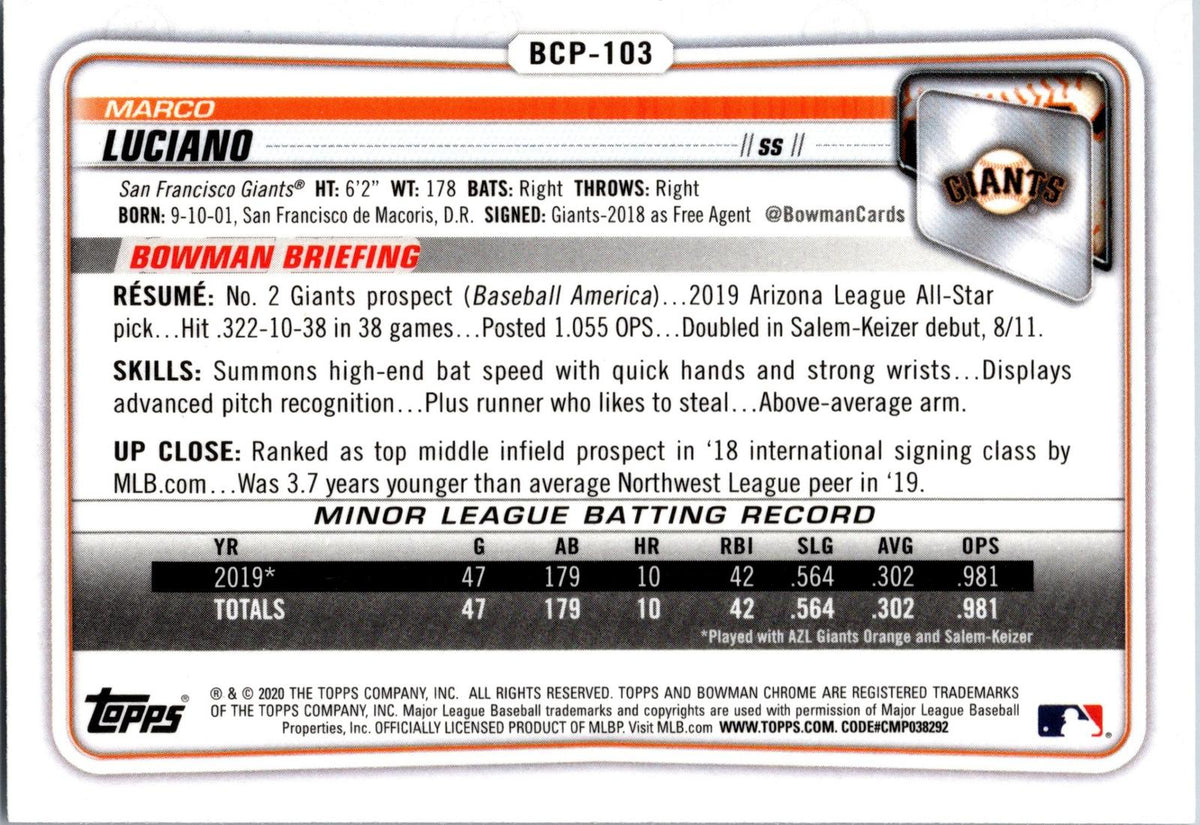 2020 Bowman #BCP-103 Marco Luciano Chrome Prospects