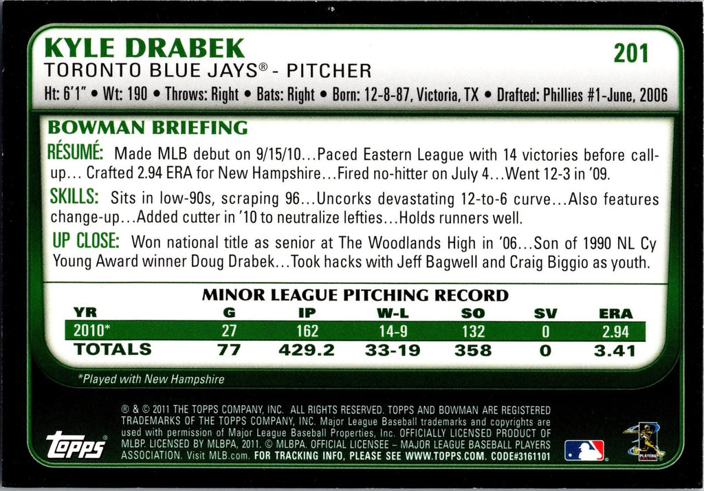 2011 Bowman #201 Kyle Drabek
