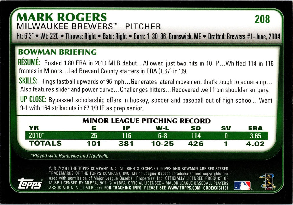 2011 Bowman #208 Mark Rogers