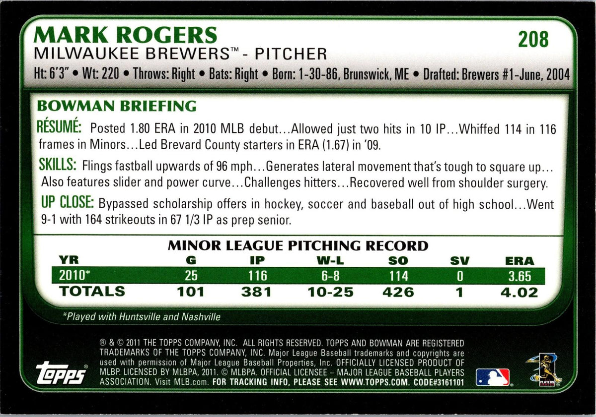 2011 Bowman #208 Mark Rogers