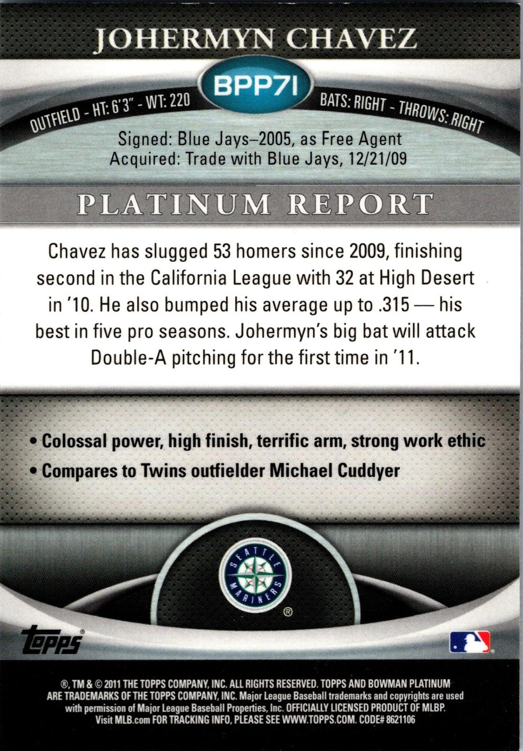 2011 Bowman Platinum #BPP71 Johermyn Chavez Prospects