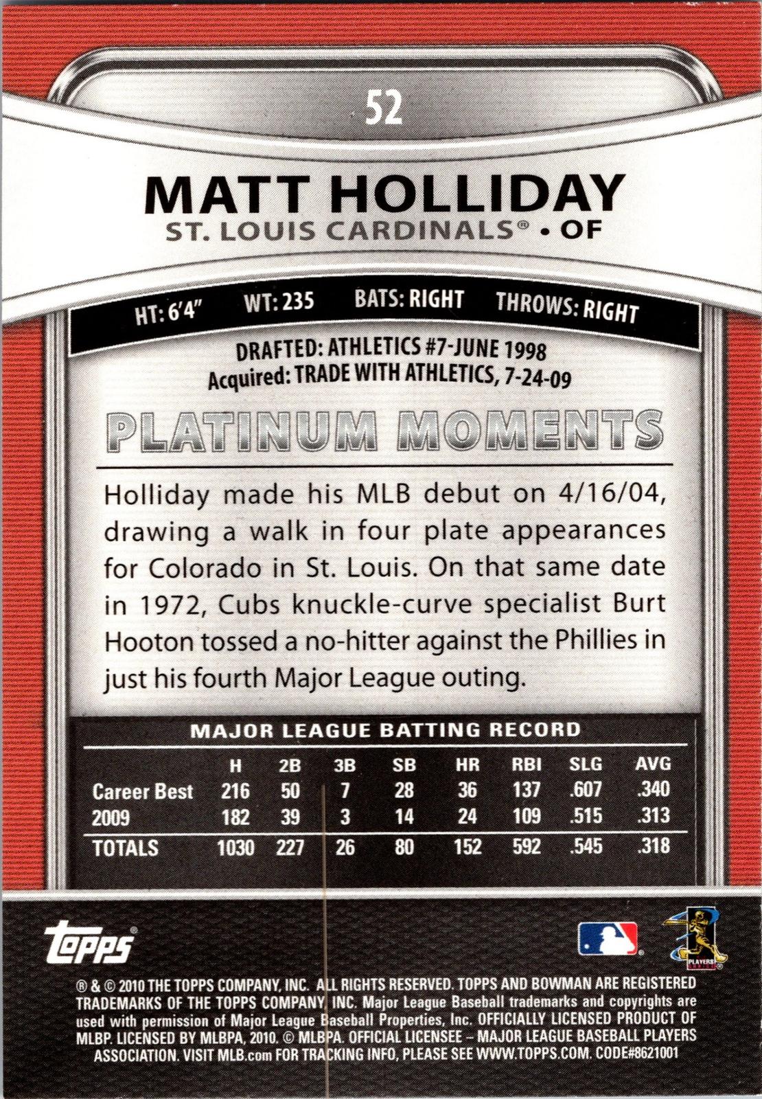 2010 Bowman Platinum #52 Matt Holliday