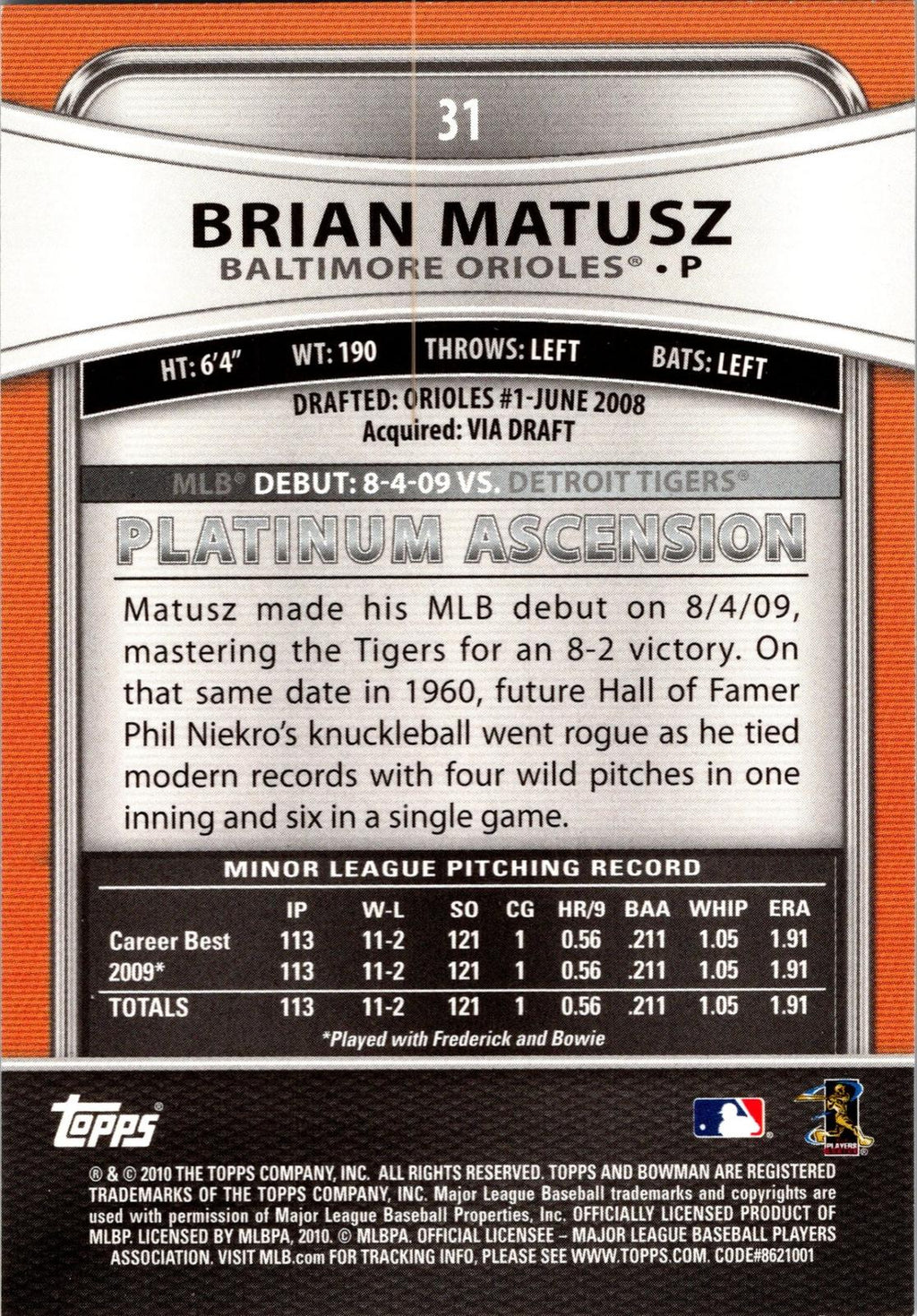 2010 Bowman Platinum #31 Brian Matusz