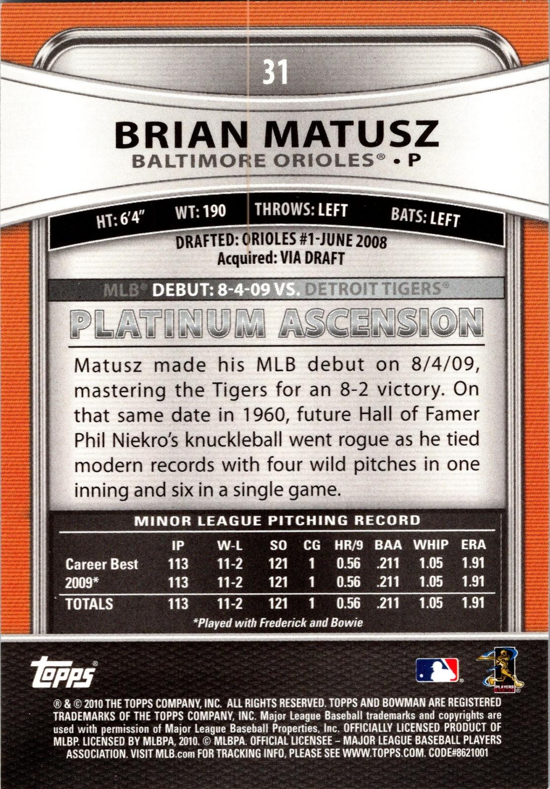 2010 Bowman Platinum #31 Brian Matusz