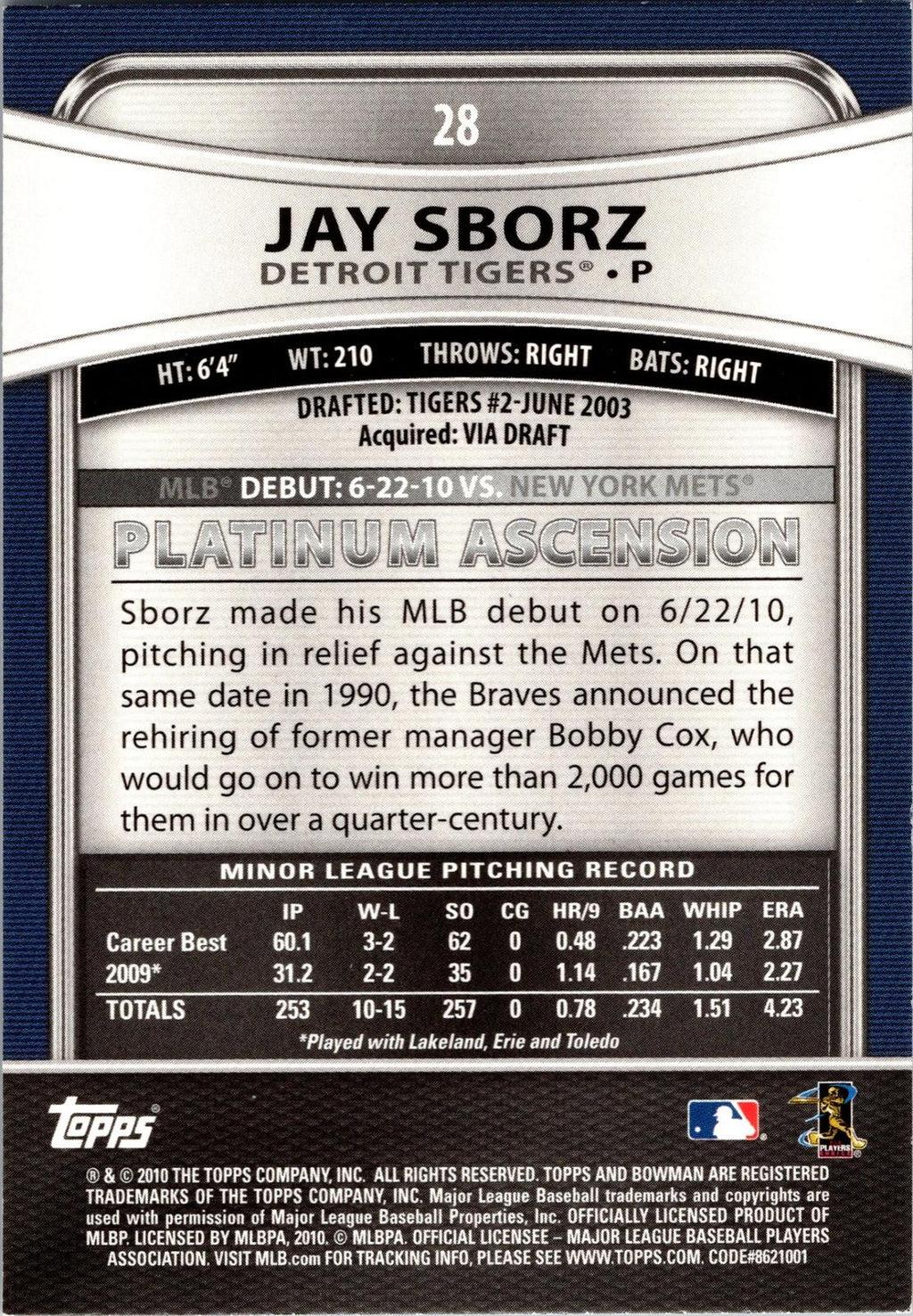 2010 Bowman Platinum #28 Jay Sborz