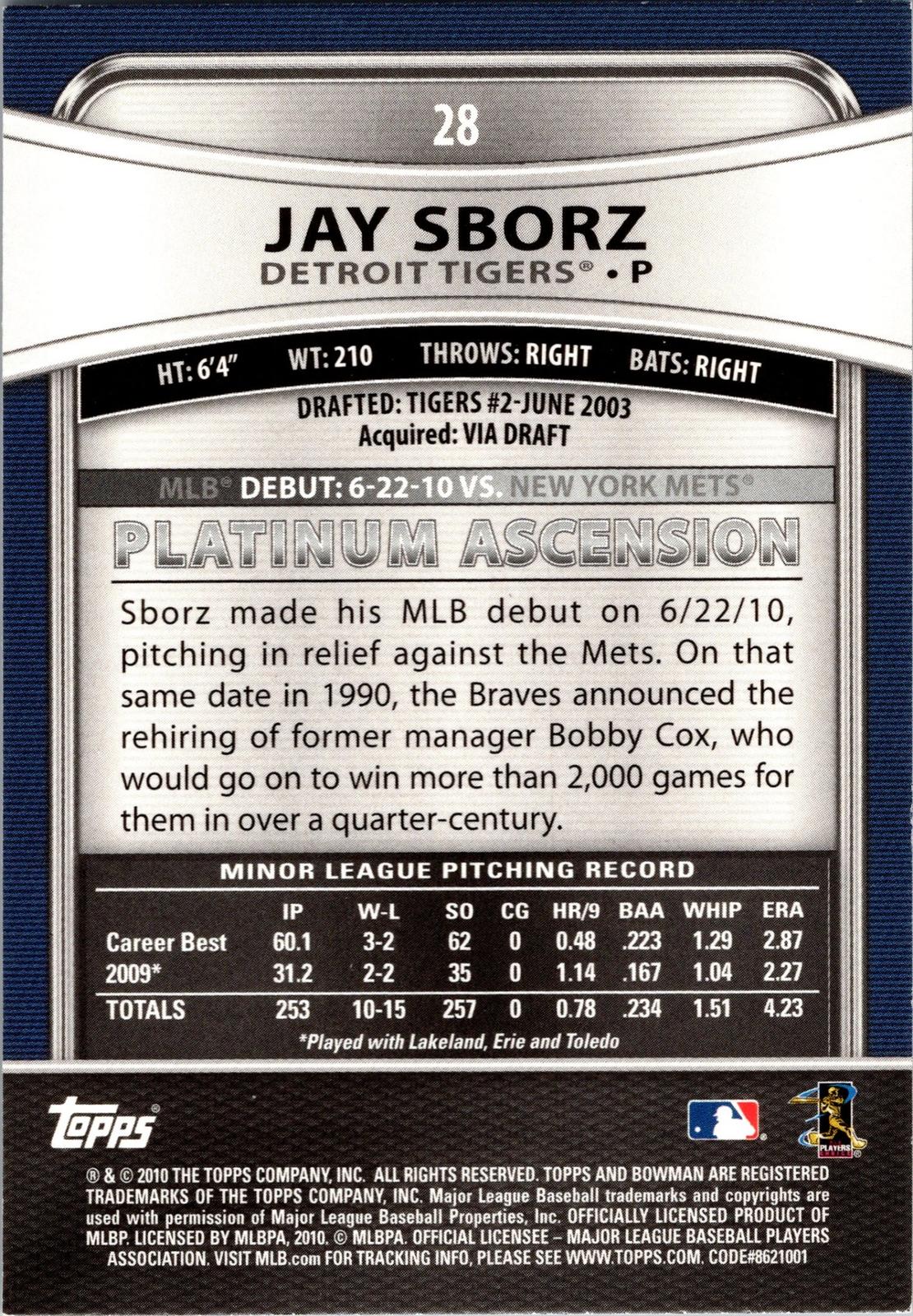 2010 Bowman Platinum #28 Jay Sborz