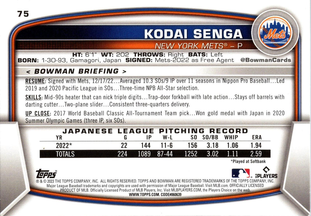 2023 Bowman #75 Kodai Senga